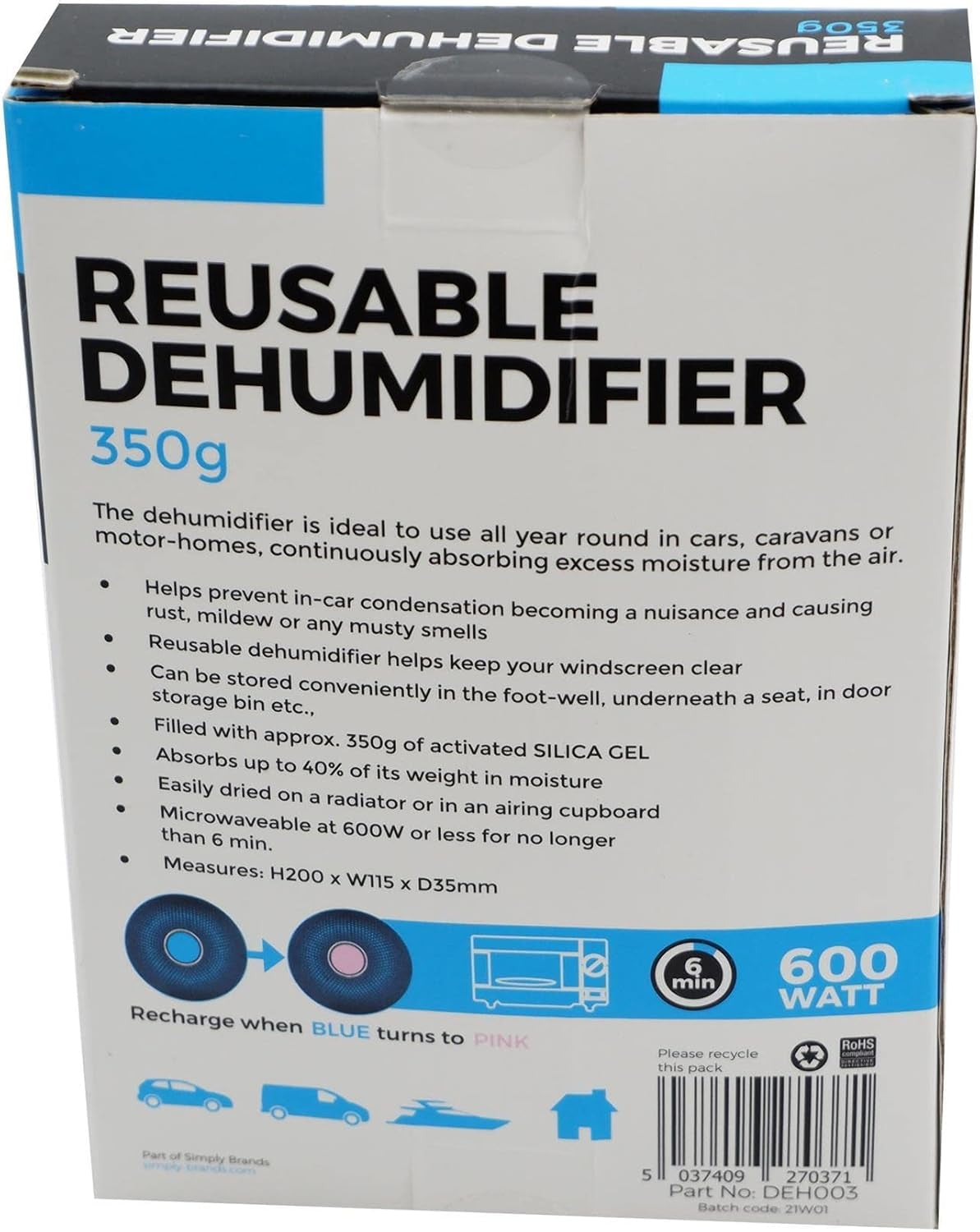 UKB4C Soauto Reusable Car Dehumidifier Clear Eliminates Foggy Windscreen Moisture Damp Absorber Caravan Van Silica Gel 350G Bag