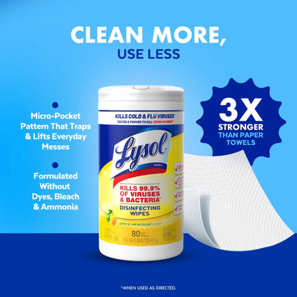 Lysol® Disinfectant Wipes Bundle, Multi-Surface Antibacterial Cleaning Wipes, Lemon and Lime Blossom, 80 Count Each(Pack of 4)