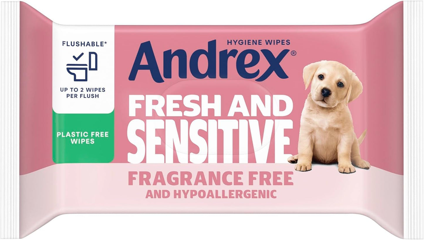 Andrex Fresh and Sensitive Hygiene Wipes, 12 Pack; Flushable Moist Toilet Tissue, Hypoallergenic and Fragrance Free Wet Wipes for Sensitive Skin (Pack of 12), FSC Certified