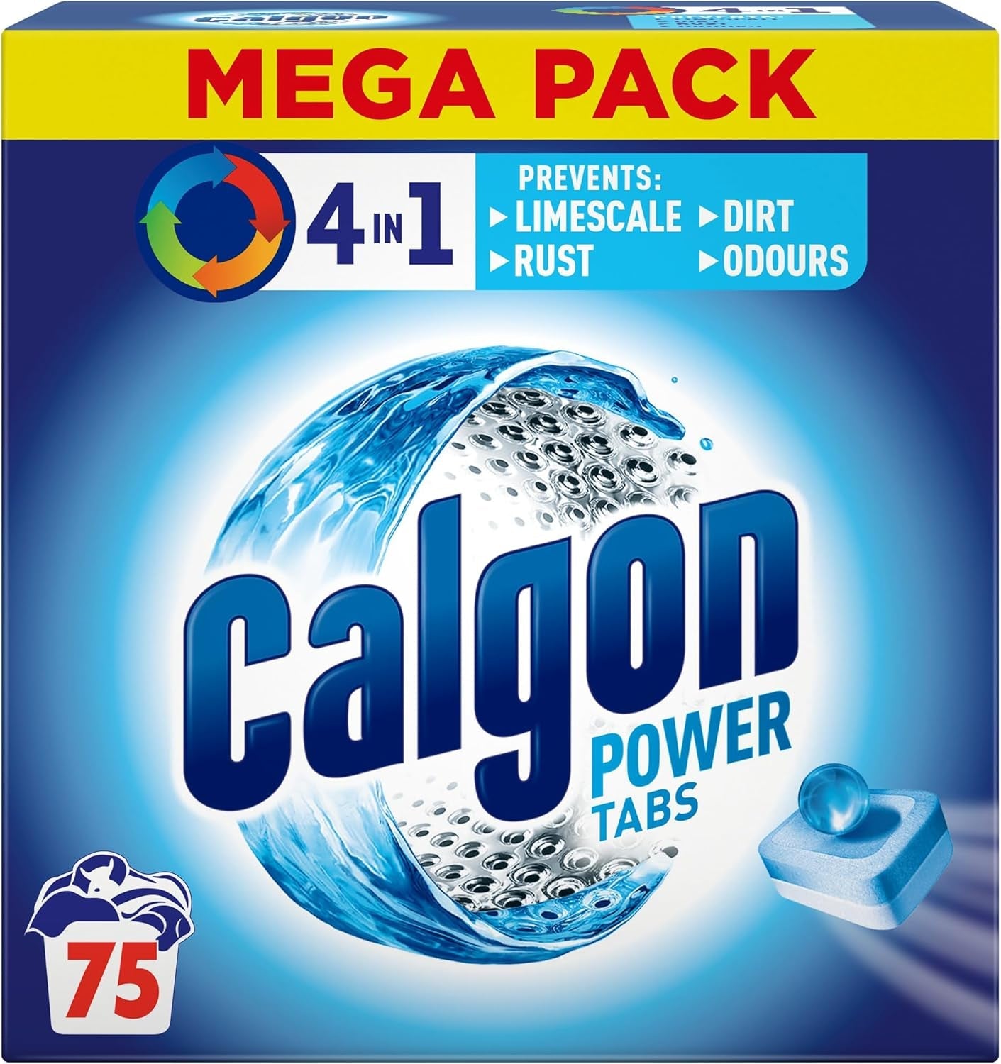 Calgon 4-In-1 Washing Machine Cleaner and Water Softener Tablets, 75 Count , Removes Limescale, Residue, Dirt, Rust & Malodours , Deep Clean , XL Pack Size