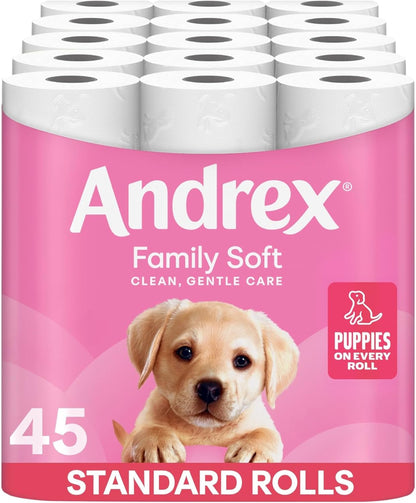 Andrex Family Soft Toilet Tissue 45 Rolls (Previously Andrex Gentle Clean) Gentle on Your Family’S Skin– Bulk Pack of 45 Toilet Rolls, FSC Certified