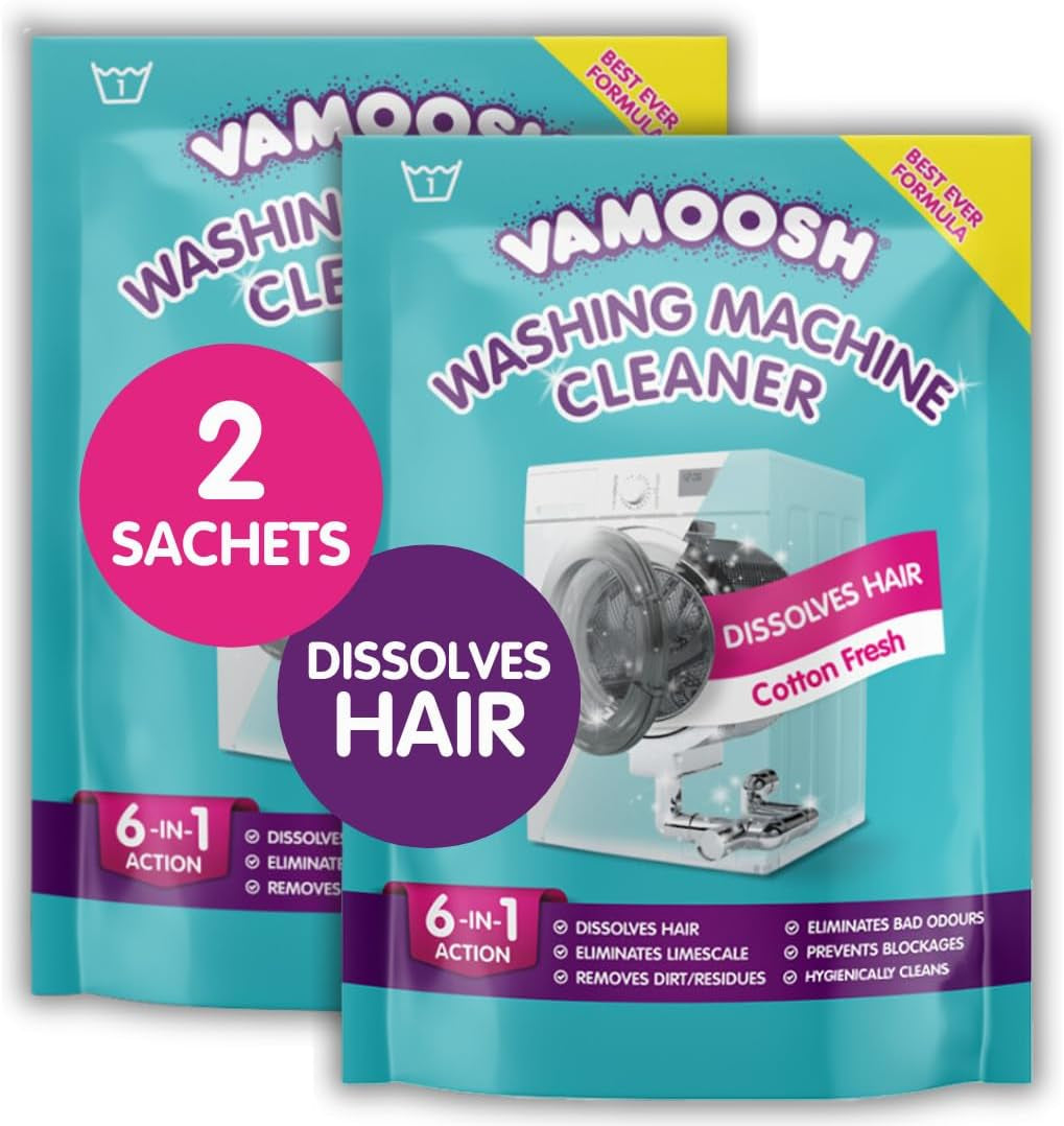 Vamoosh 6-In-1 Washing Machine Cleaner, Dissolves Hair, Eliminates Bad Odours, Removes Limescale, Deep Clean, Leaves Smelling Fresh, Antibacterial, Descales (Lemon, Single Pack)