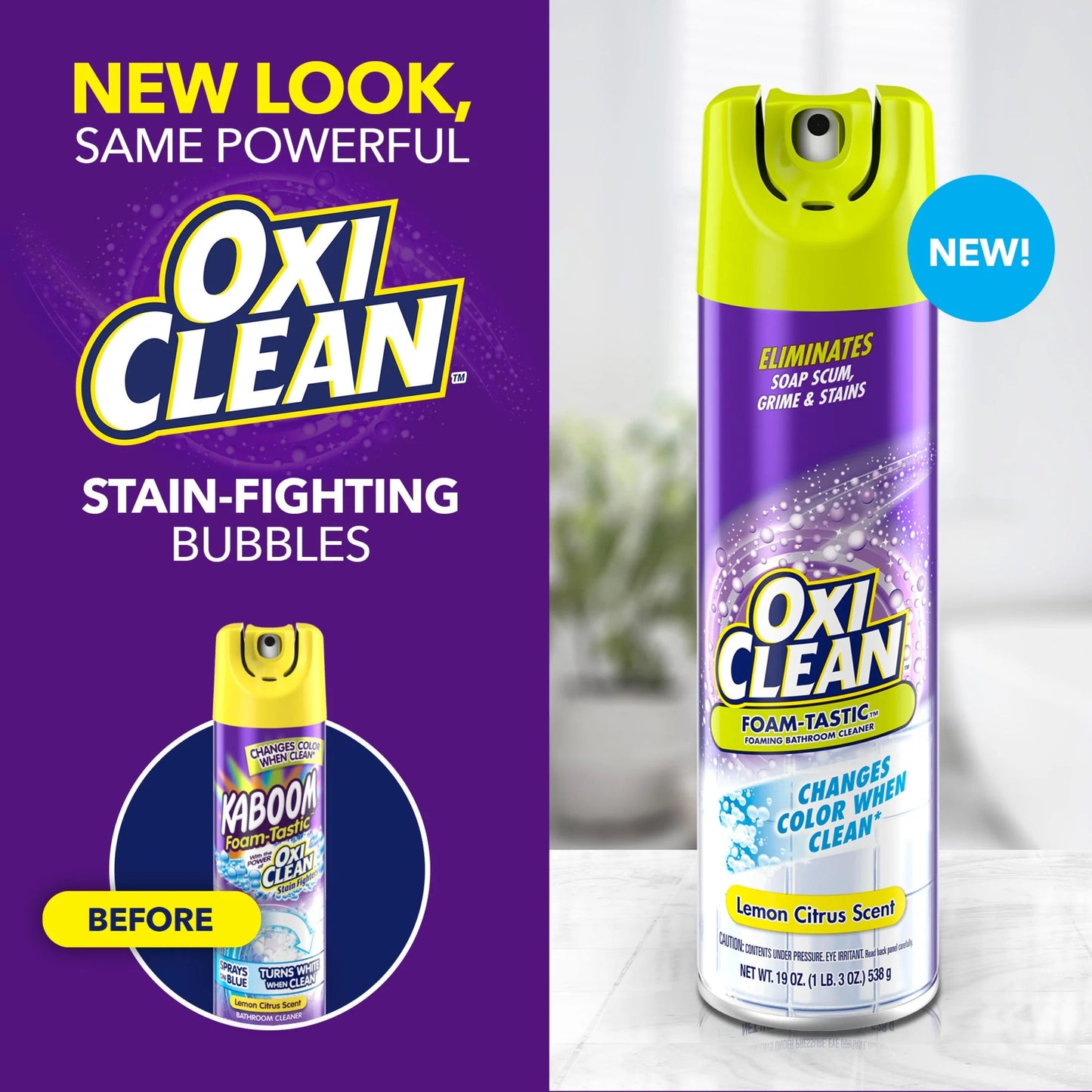 Oxiclean Foam-Tastic Foaming Bathroom Cleaner, Removes Soap Scum, Grime & Stains, Lemon Scent, 19 Oz