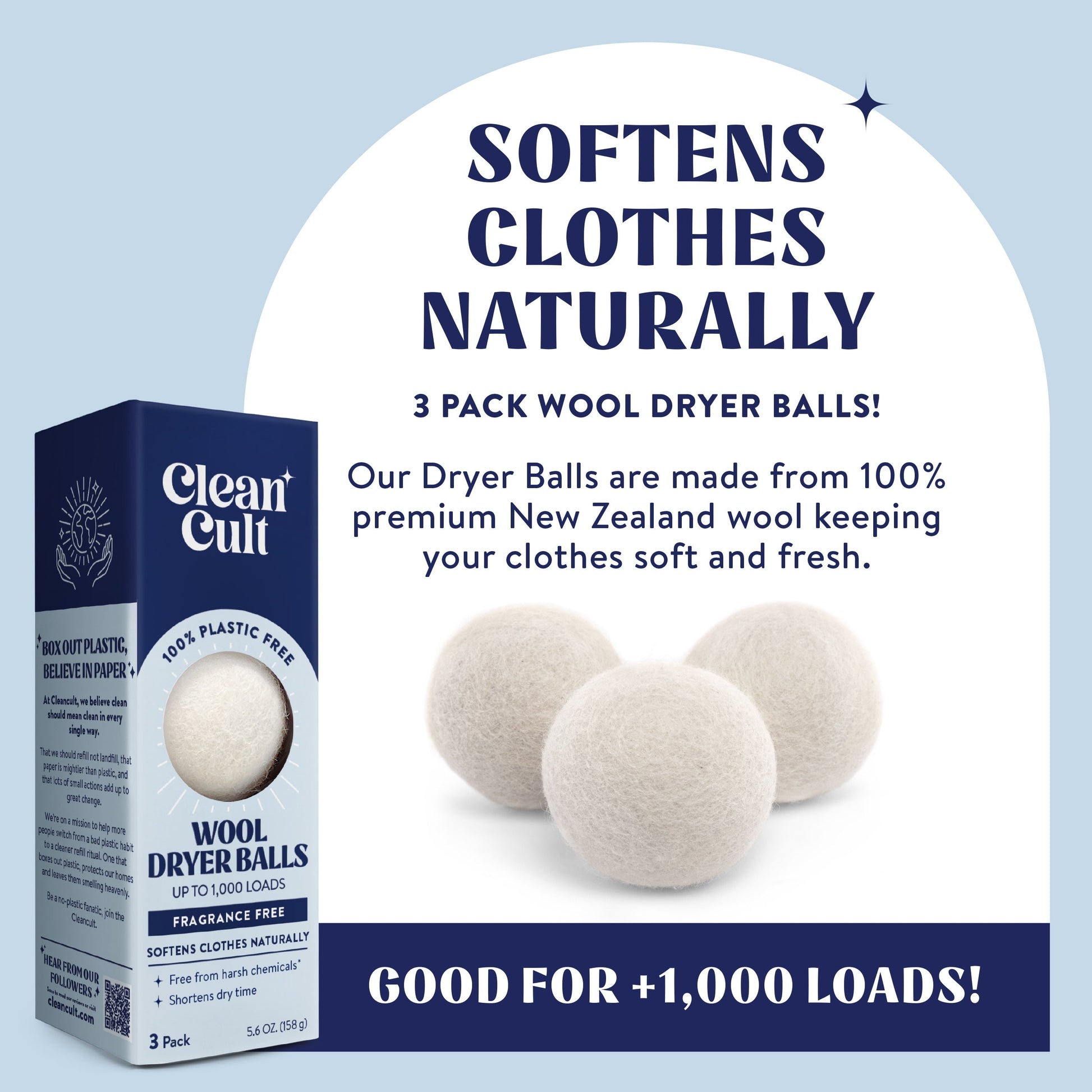 Cleancult Dryer Balls Reusable, 100% New Zealand Wool, Hypoallergenic, Unscented, 3 Pack