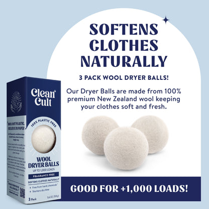 Cleancult Dryer Balls Reusable, 100% New Zealand Wool, Hypoallergenic, Unscented, 3 Pack