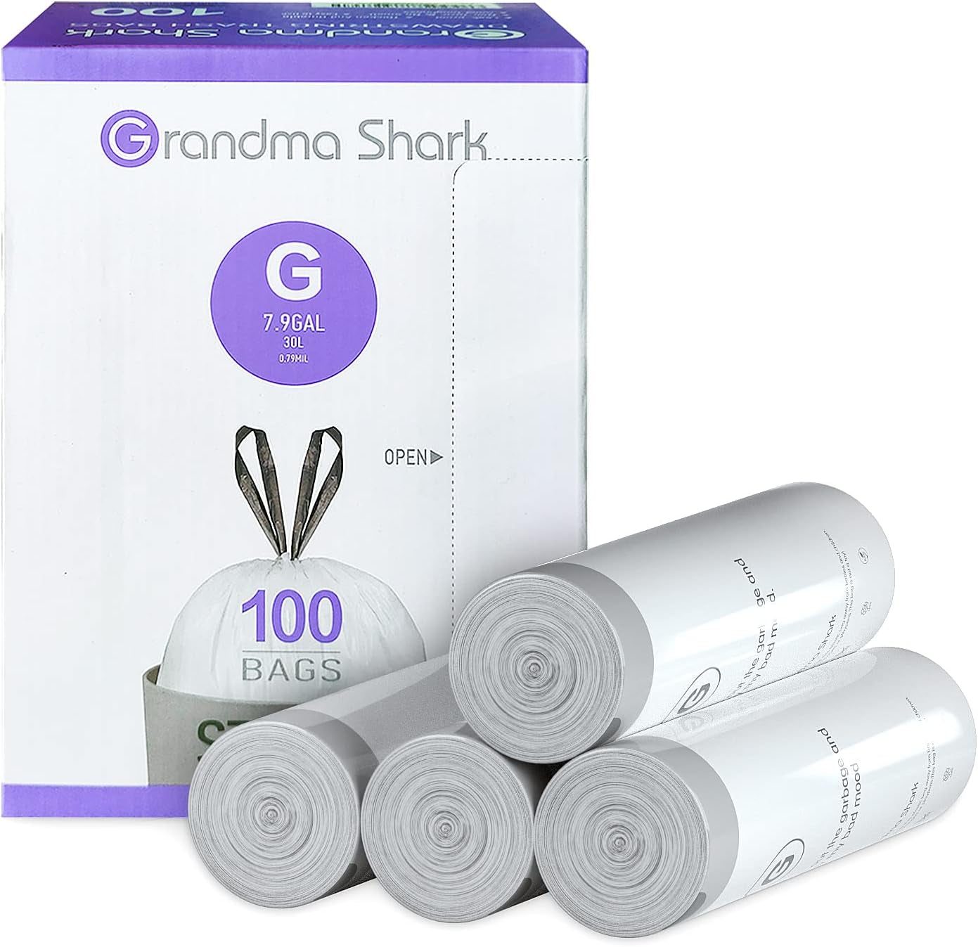 GRANDMA SHARK Bin Bags Liners, 100 Unscented Waste Bags, up to 35L, 100 Count, Drawstring, Anti-Drip, Super Strong, White, Low Density Polyethylene