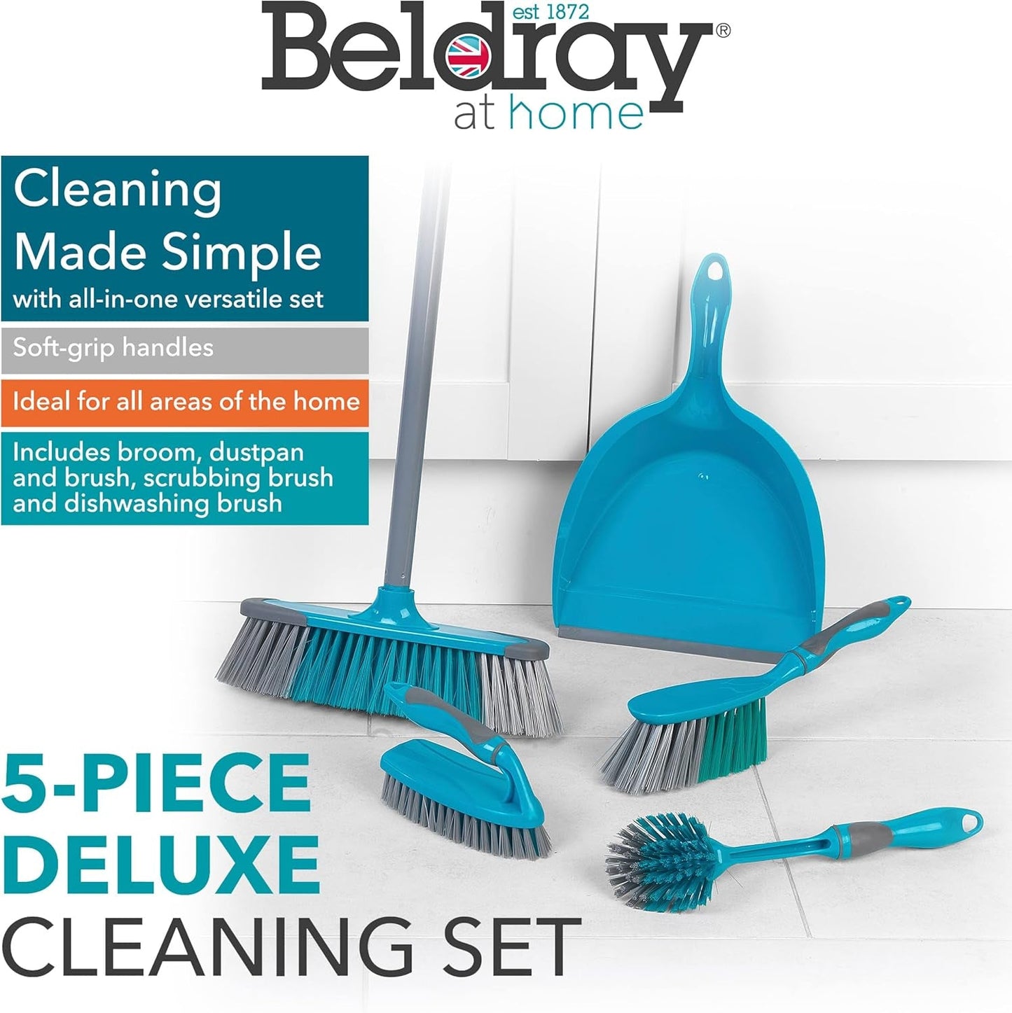 Beldray LA024152TQ Cleaning Bundle with Broom - Dustpan and Brush Set, Scrubbing & Dish Brushes, Long Handled Indoor Floor Sweeping, Washing up Brushes, Bathroom/Tile/Grout Cleaner, Soft Grip, Blue