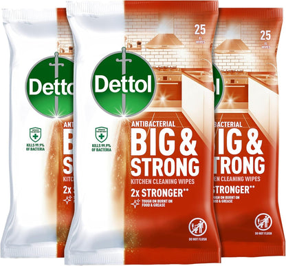 Dettol Big Wipes, Total 150 Wipes (6 Packs X 25), Heavy Duty Wipes, Ultra Grime Wipes, Kitchen Wipes, Kitchen Cleaner, Antibacterial, Disinfectant, Disinfectant Wipes, Household Cleaners