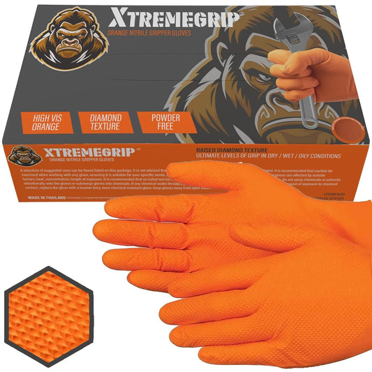 Xtremeauto Nitrile Gloves - Disposable Gloves, Diamond Grip Orange Gloves - Powder-Free & Latex Free Nitrile Gloves, Extra Thick & Strong Rubber Gloves (1 Box, Large)