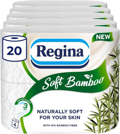 Regina Soft Bamboo - 20 Rolls of Toilet Tissue 3 Ply, 160 Sheets, Naturally Soft for Your Skin, Toilet Tissue Made with Bamboo Fibers, Paper Packaging, FSC Certificated