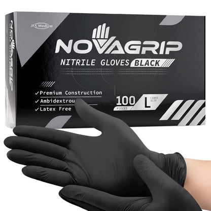 Novagrip JFA Medical Mechanic, Tattooist, Tattoo Disposable Powder Free Latex Free Black Nitrile Gloves - Box of 100 (Extra Large)