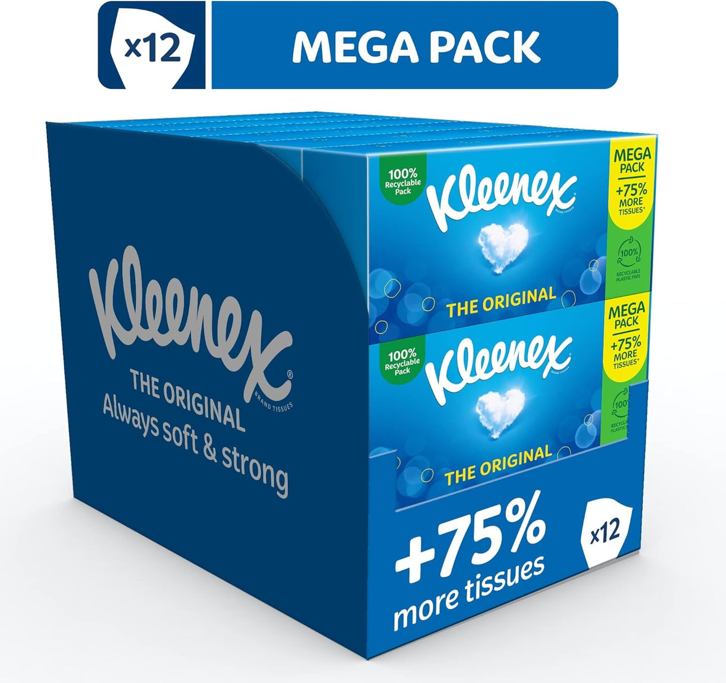 Kleenex Original Tissues, Mega Pack – 1,344 Sheets (12 Boxes X 112 Sheets) - Always Soft and Strong for Everyday Use - Now 75% More Tissues in a Box