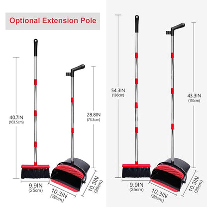 Happylost Broom with Dustpan Combo Set, 54" Indoor or Outdoor Broom and Dustpan Set Long Handle for Home and Kitchen Floor Cleaning, Black & Red