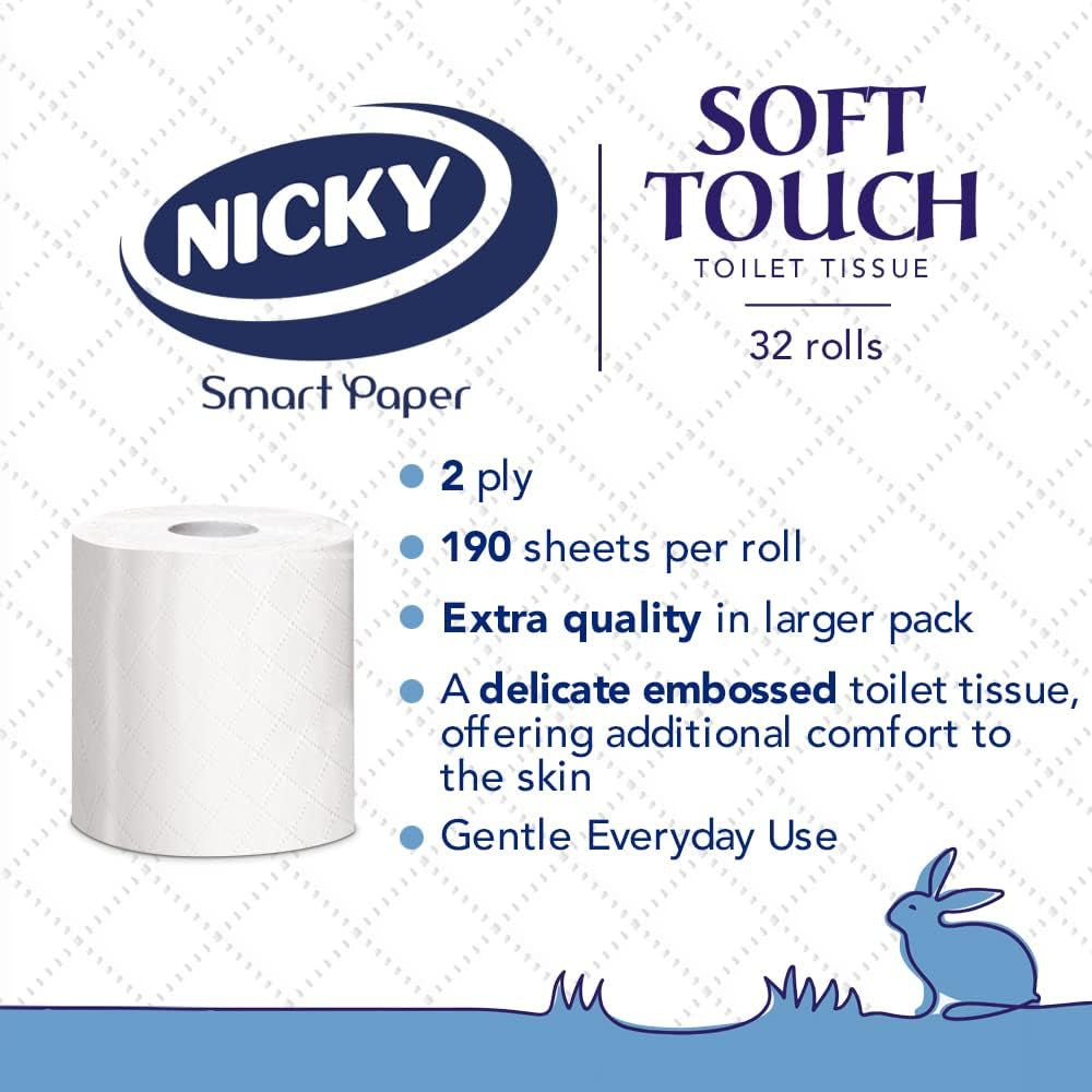 Nicky Soft Touch Toilet Tissue |Extra Value Pack – 32 Rolls of Extra Gentle White Toilet Paper |190 Sheets per Roll| 2-Ply | Soft Tissue | Modern Embossing |Easy Opening | 100% FSC Certified Paper