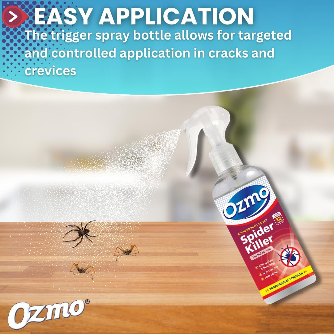 Ozmo Spider Killer Spray, 250Ml, Use on Hard Non-Porous Surfaces, Hard and Soft Furnishings, Carpets and Fabrics