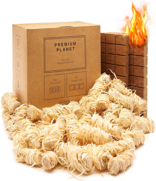 Premium Planet Large Firelighters Set | Eco-Friendly | 100+ Fires | Multipack | 100% Natural | Wood Wool & Organic Bricks | Barbeque, Barbecue, Fireplaces & Wood Burning Stoves