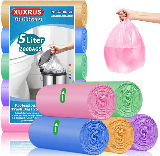 5L Bin Liners 200 Bags Small Pedal Bin Bags XUXRUS Thicken Leakproof Plastic Bags for Bathroom Office,Kitchen Desk Fit UK 5-8 Liter,0.8,1.1 Gal Colorful