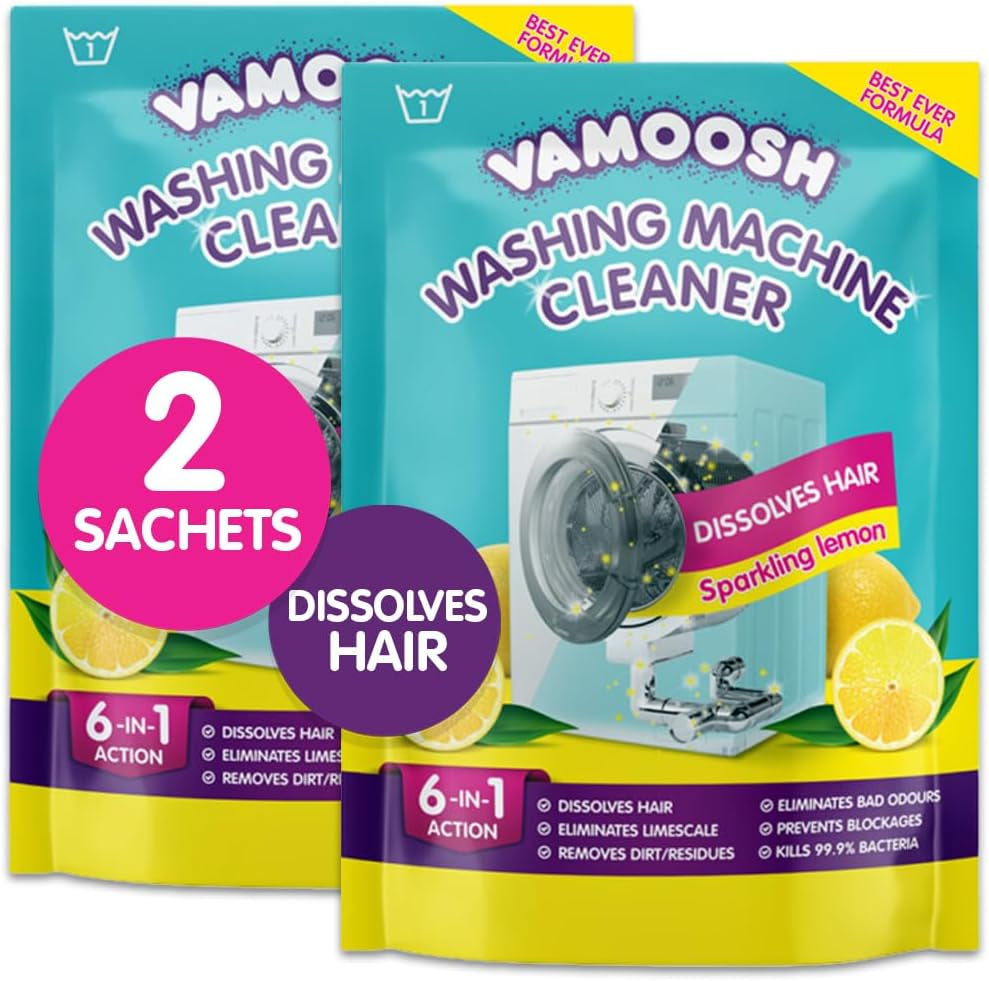 Vamoosh 6-In-1 Washing Machine Cleaner, Dissolves Hair, Eliminates Bad Odours, Removes Limescale, Deep Clean, Leaves Smelling Fresh, Antibacterial, Descales (Lemon, Single Pack)