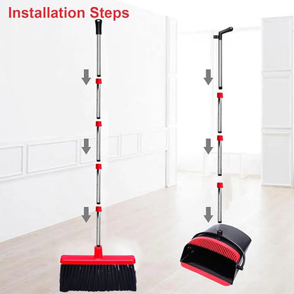 Happylost Broom with Dustpan Combo Set, 54" Indoor or Outdoor Broom and Dustpan Set Long Handle for Home and Kitchen Floor Cleaning, Black & Red