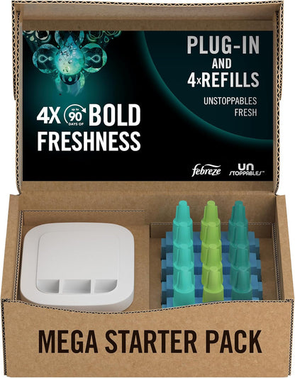 Febreze Unstoppables 3Volution Air Freshener Plug-In Diffuser Mega Starter Kit, Febreze 3Volution Refill, Odour Fighter, Fresh, 80 Ml (20 Ml X 4)