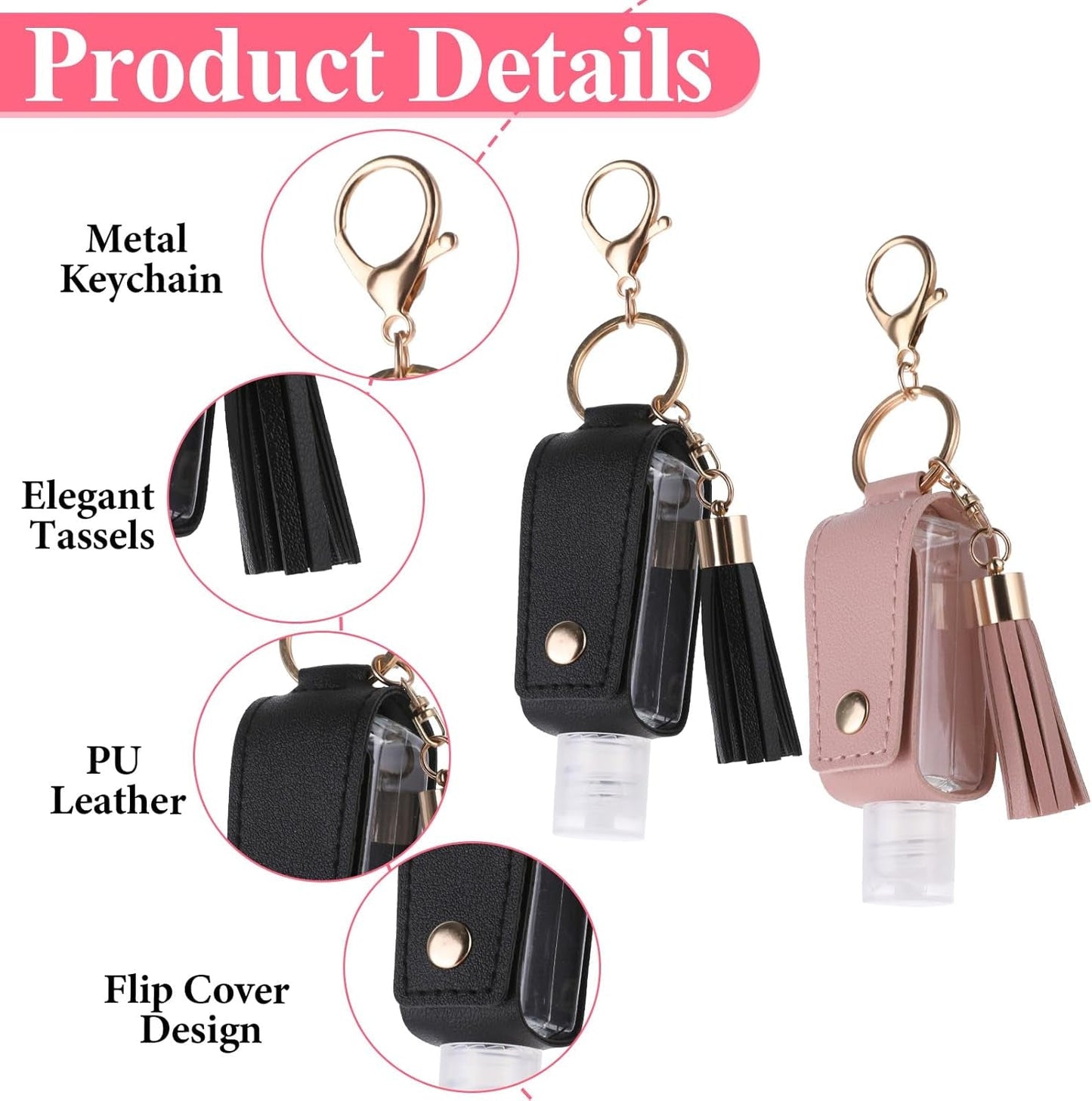 Molain 2 Pcs Hand Sanitizer Keychain 30Ml Portable Leather Hand Sanitiser Holder Leakproof Empty Bottles Hand Sanitiser Travel Holder Bottle Refillable for Lotion Liquid Soap Shampoo(Pink,Black)