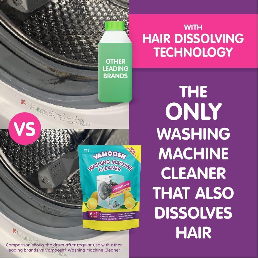 Vamoosh 6-In-1 Washing Machine Cleaner, Dissolves Hair, Eliminates Bad Odours, Removes Limescale, Deep Clean, Leaves Smelling Fresh, Antibacterial, Descales (Lemon, Single Pack)