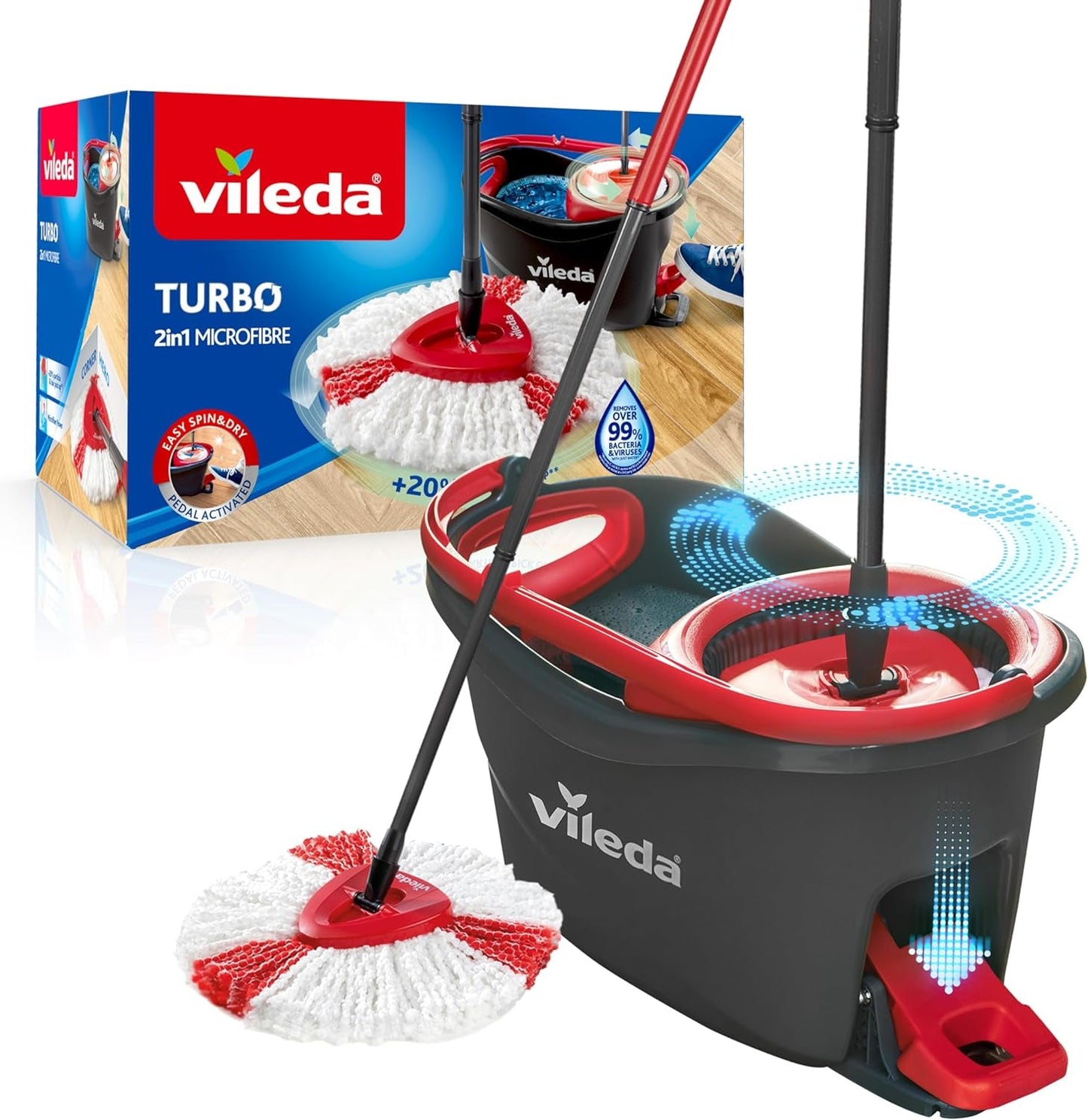 Vileda Turbo Microfibre Mop and Bucket Set with Extra 2-In-1 Head Replacement, Spin Mop for Cleaning Floors, Set of 1X Mop, 1X Bucket and 1X Refill