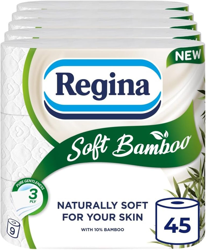 Regina Soft Bamboo - 20 Rolls of Toilet Tissue 3 Ply, 160 Sheets, Naturally Soft for Your Skin, Toilet Tissue Made with Bamboo Fibers, Paper Packaging, FSC Certificated