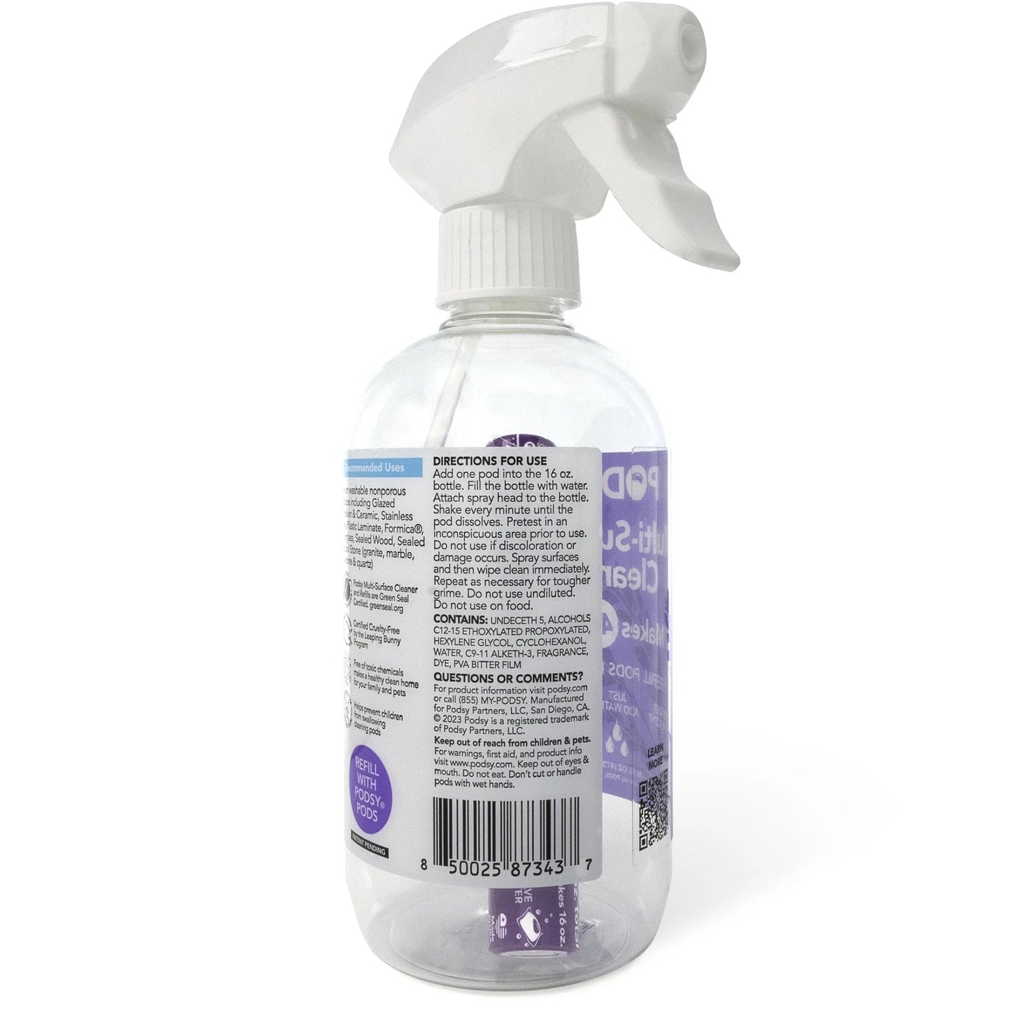 Podsy Multi-Surface Cleaning Set, 16 Fl Oz Bottle and 3 Refill Pods Make 48Oz, Just Add Water, Lavender Bloom Scent