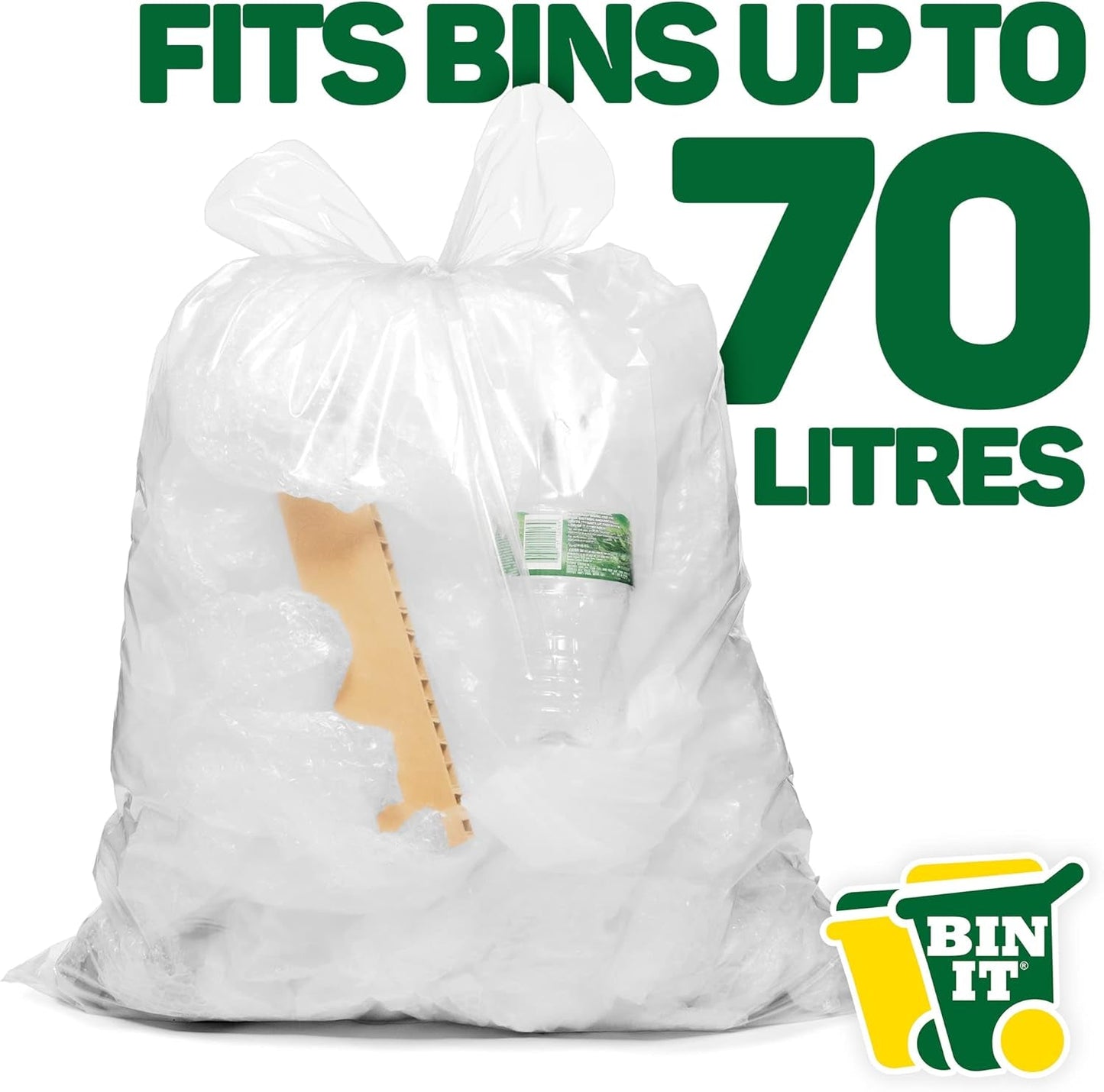 BIN IT 40 Clear Large 70L Strong & Secure, Tie Top, Recycling Sacks, Bin Bags, Bin Liners, Refuse Sacks, Recycled, Tear Resistant, 120 Gauge - 30 Μm, Perfect for Everyday Use