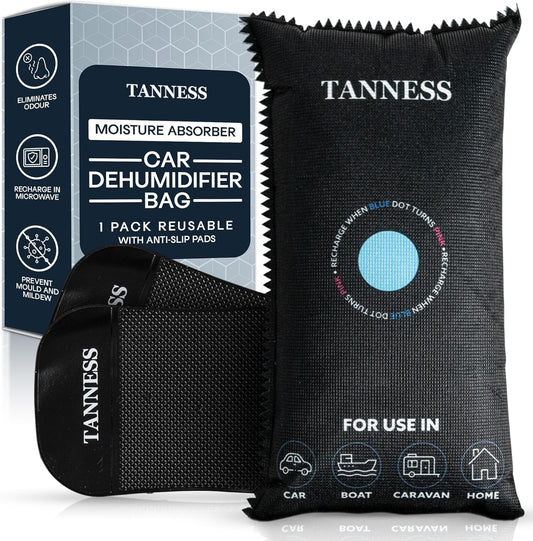 Tanness 1 Pack X 1Kg Car Dehumidifier Bags with Anti-Slip Pads - Essential Car Accessories, Moisture Absorber, Reusable, Recharges in Microwave - Multipurpose for Car, Home, All Spaces & Vehicles