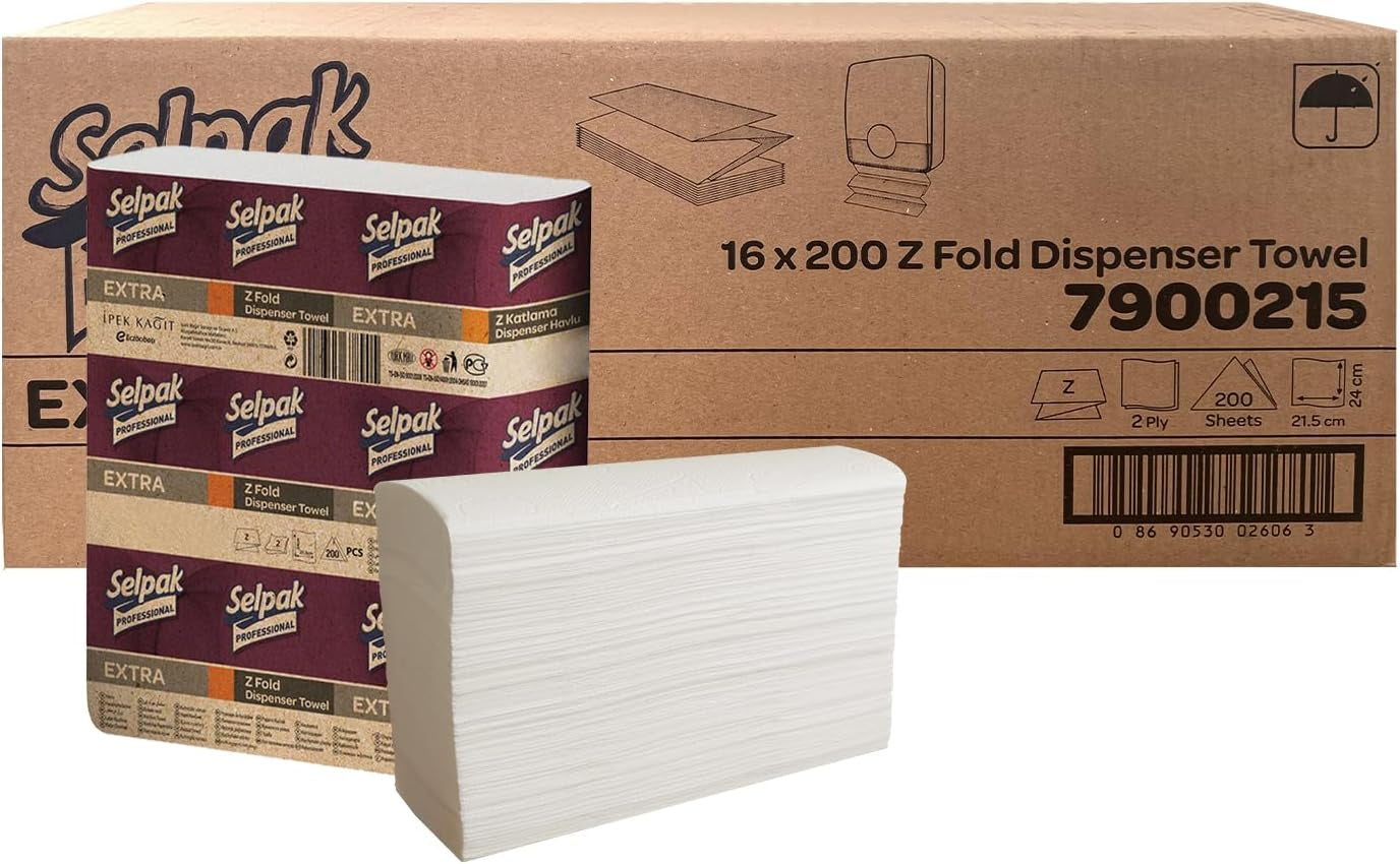 Selpak Professional Z Fold Paper Towels, 2Ply Paper Hand Towels Disposable 12X200, (Total 2400), Absorbent White Paper Towel Ideal for Individuals/Businesses, Paper Hand Towels for Dispenser