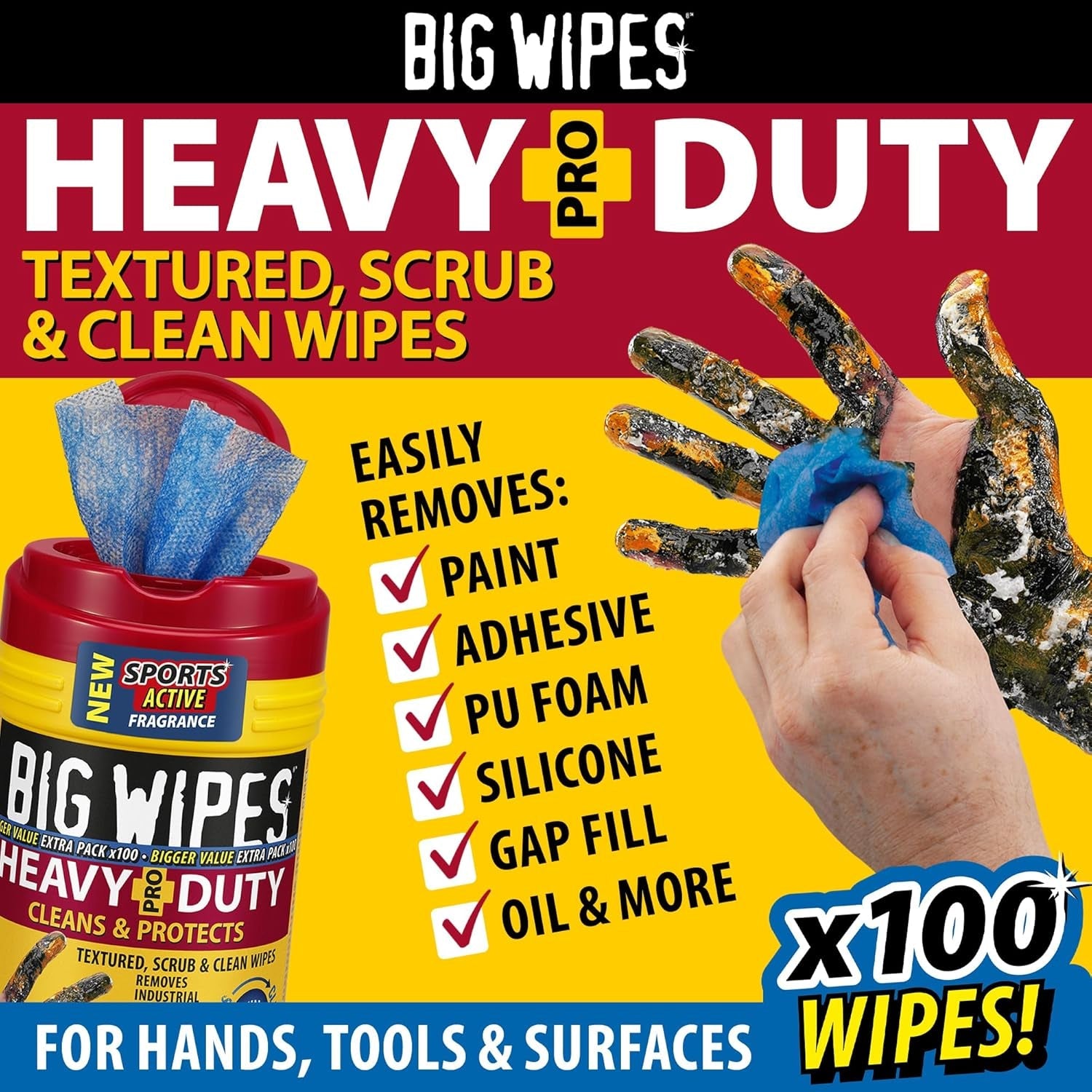 Big Wipes Heavy Duty Pro+ Wipes in Dispenser Tub (X100) Textured Dual-Sided Hand Wipes with Skincare Cleans Hands, Tools & Surfaces. Heavy Duty Wipes & Industrial Cleaning Products for Tradespeople