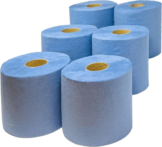 DHANZIPAK 6 X Economy Blue Centrefeed Paper Tissue Rolls - 2 Ply Embossed Centre Feed - Hand Towel Tissue Rolls