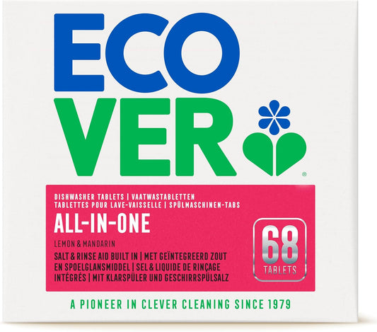 Ecover All in One Dishwasher Tablets, Contains Salt & Rinse Aid, Powerful Cleaning, Fresh Lemon & Mandarin Scent, Pack of 1, 68 Tablets