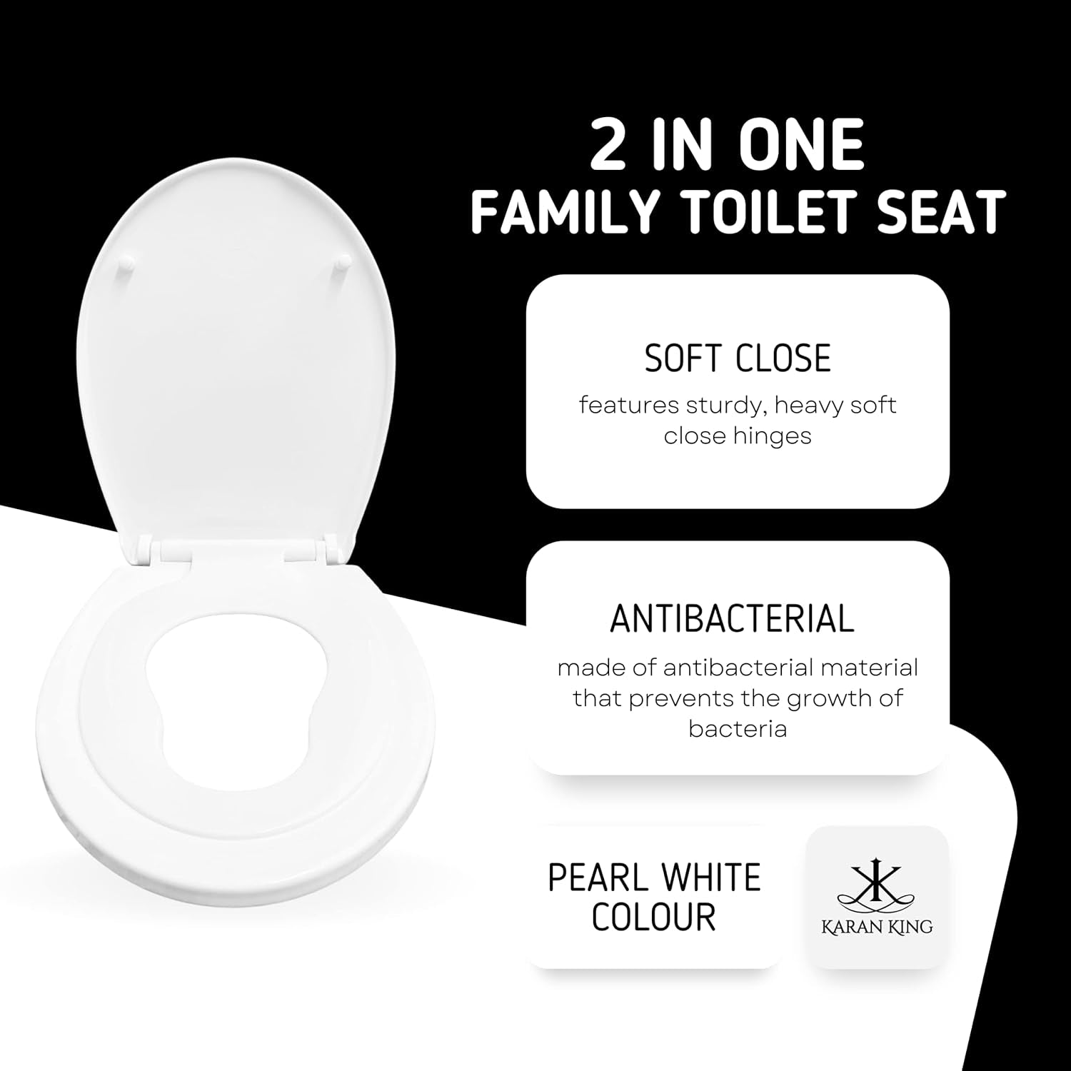 KARAN KING - Convenient Quick-Release Family Toilet Seat for Easy Cleaning and Potty Training - Adjustable 360 Degree Hinges for Adult and Kid-Friendly Use - Kid-Friendly Toilet Seat, Easy Fit