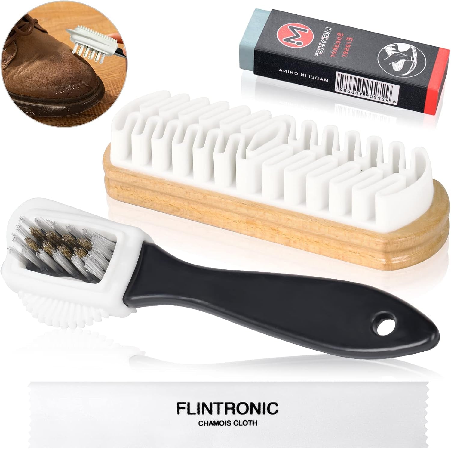 Flintronic 4 PCS Suede & Nubuck Brushes 4-Sided Shoe Cleaner with Brass Bristles for Clean Decontamination Cleaning Tools with Eraser and Clean Cloth