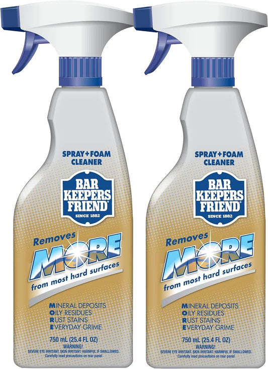 Bar Keepers Friend MORE Spray + Foam Multipurpose Cleaner (2 X 25.4 Oz), Stain & Rust Remover for Bathroom, Kitchen & Outdoor Use on Stainless Steel, Aluminum, Brass, Tile, Ceramic