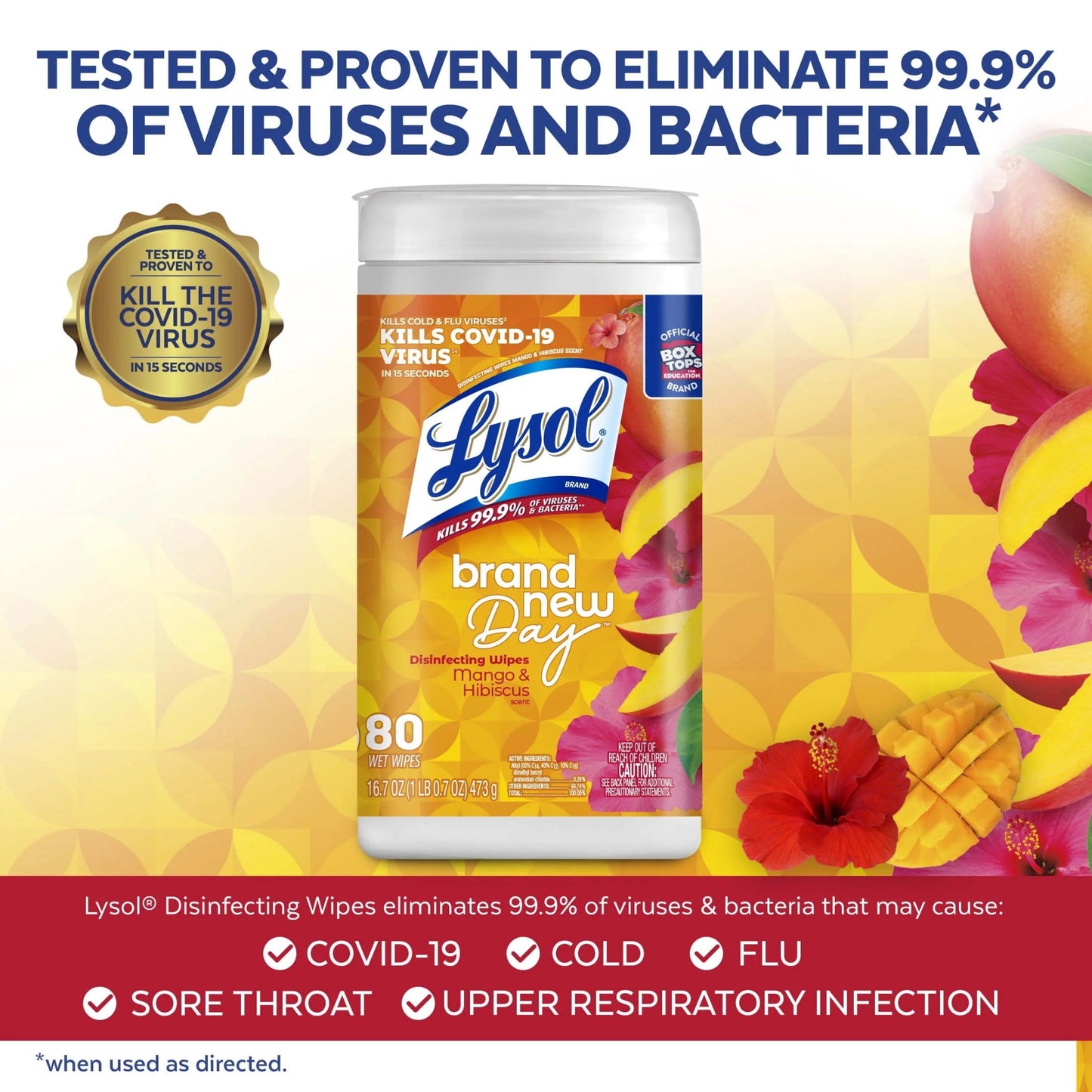 Lysol® Disinfectant Wipes, Multi-Surface Antibacterial Wipes, Mango & Hibiscus Scent, 80 Count