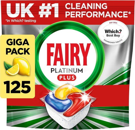 Fairy Platinum plus Complete All-In-1 Dishwasher Tablets Bulk, 125 Tablets, Lemon, with Anti-Dull Technology & Rinse Aid Action, Effective in Short Cycles (Packing May Vary)