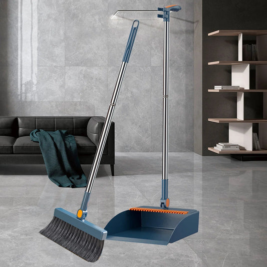 COFEST Brooms Indoor 180° Rotatable Standing Storage Buckle Type Brooms and Dustpan Set with Scraping Teeth and Scraper Deep Cleaning Suitable for Home Blue