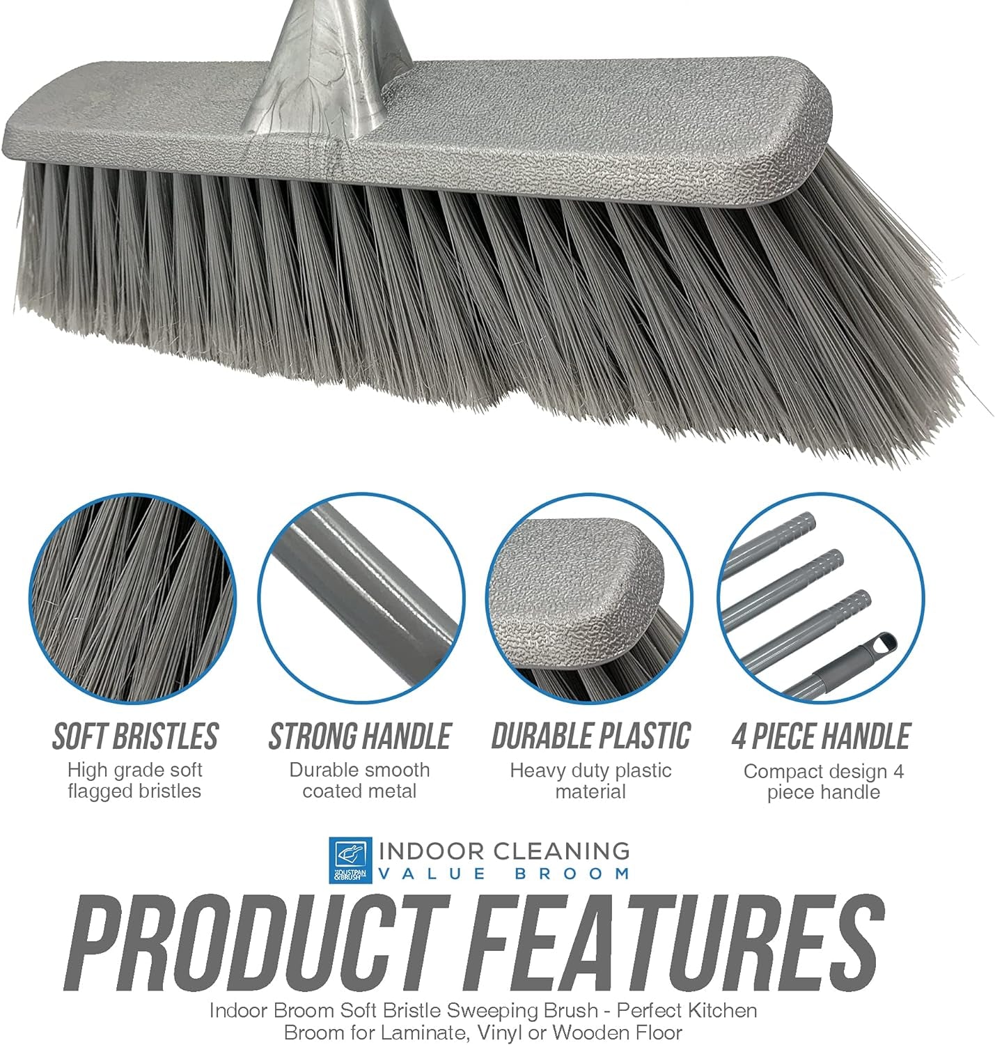 TDBS Soft Indoor Broom (Grey, 120Cm) - Perfect for Laminate, Vinyl or Wooden Floor, with Multi-Section Handle and Flagged Bristle