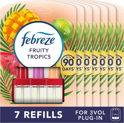 Febreze 3Volution Plug in Air Freshener Refill, 20ML X 7, Odour Eliminator & Bathroom Air Freshener, Fruity Tropics