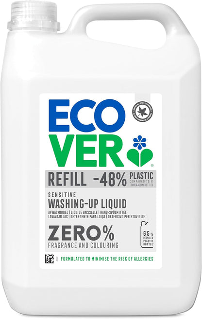 Ecover Zero Washing up Liquid Refill, Washing up Soap, Tough on Grease and Grime, Dermatologically Tested, 1 X 5L