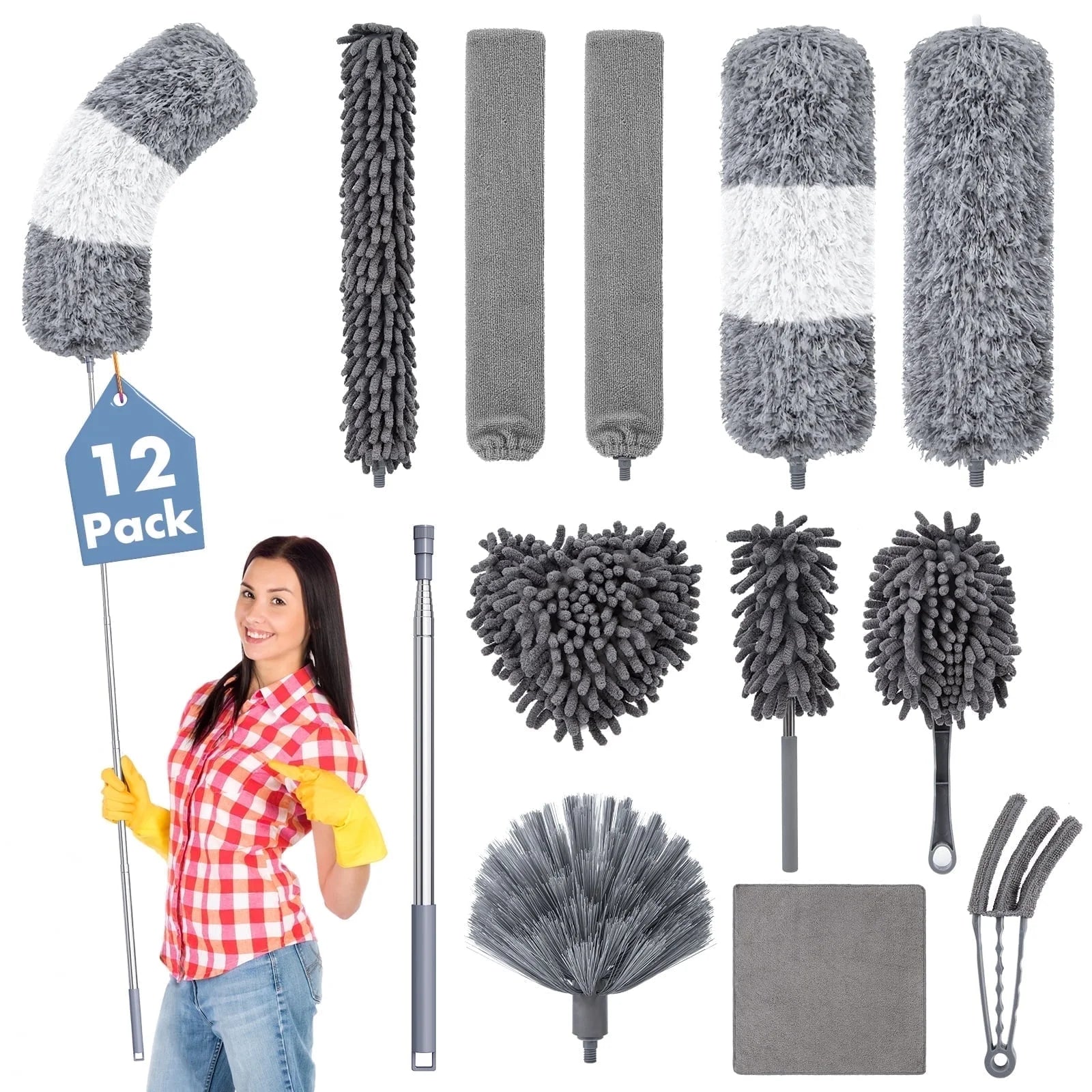 Treamon Microfiber Duster for Cleaning High Ceilings, Washable Reusable Dusters with Extension Pole (30" to 100"), 12 Pcs, Gray