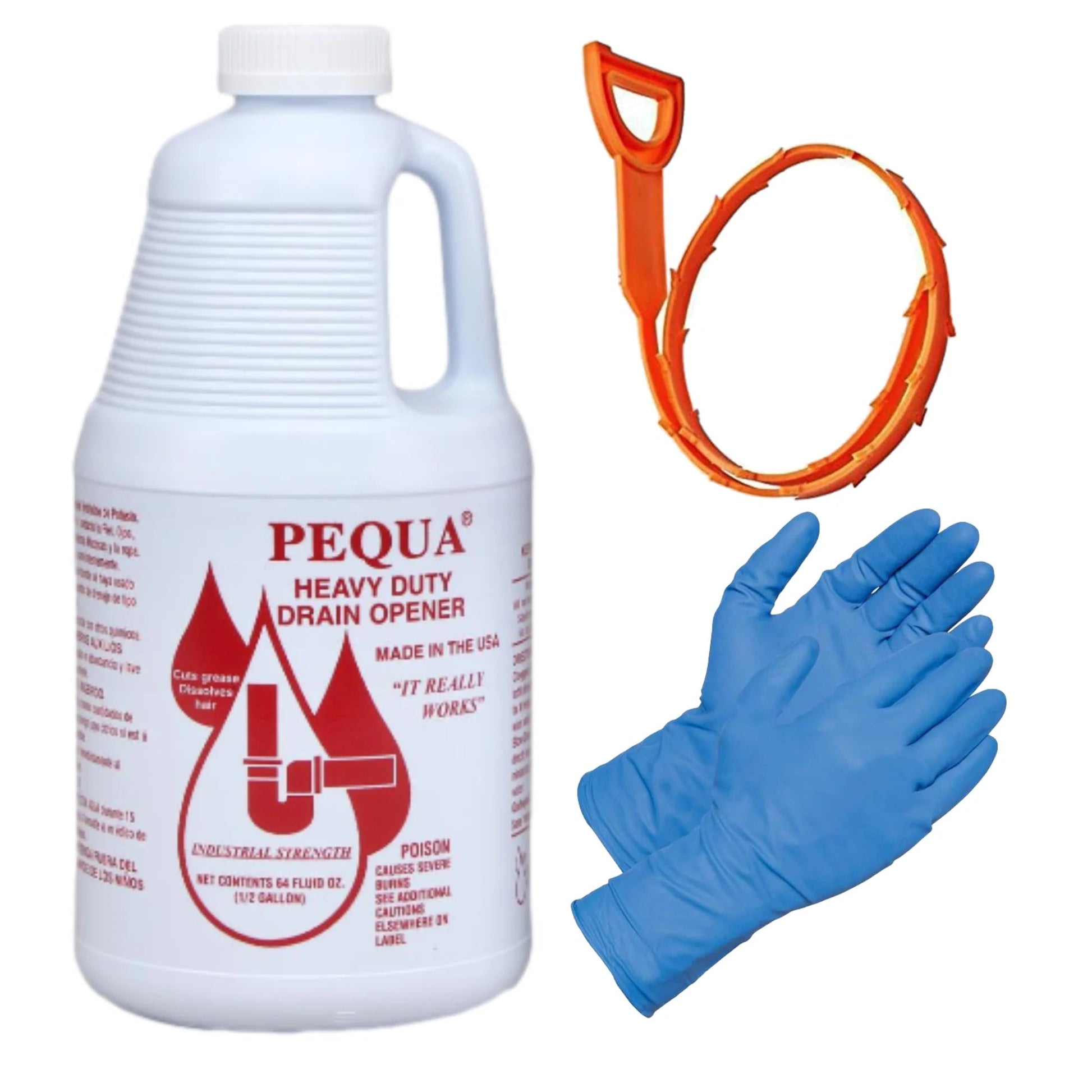 PEQUA HEAVY DUTY DRAIN OPENER KIT - 64 Ounce Clog Remover, Gloves, Pipe Tool Bundle for Sink, Shower Hair Clog Remover Dissolver