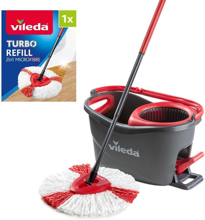 Vileda Turbo Microfibre Mop and Bucket Set with Extra 2-In-1 Head Replacement, Spin Mop for Cleaning Floors, Set of 1X Mop, 1X Bucket and 1X Refill