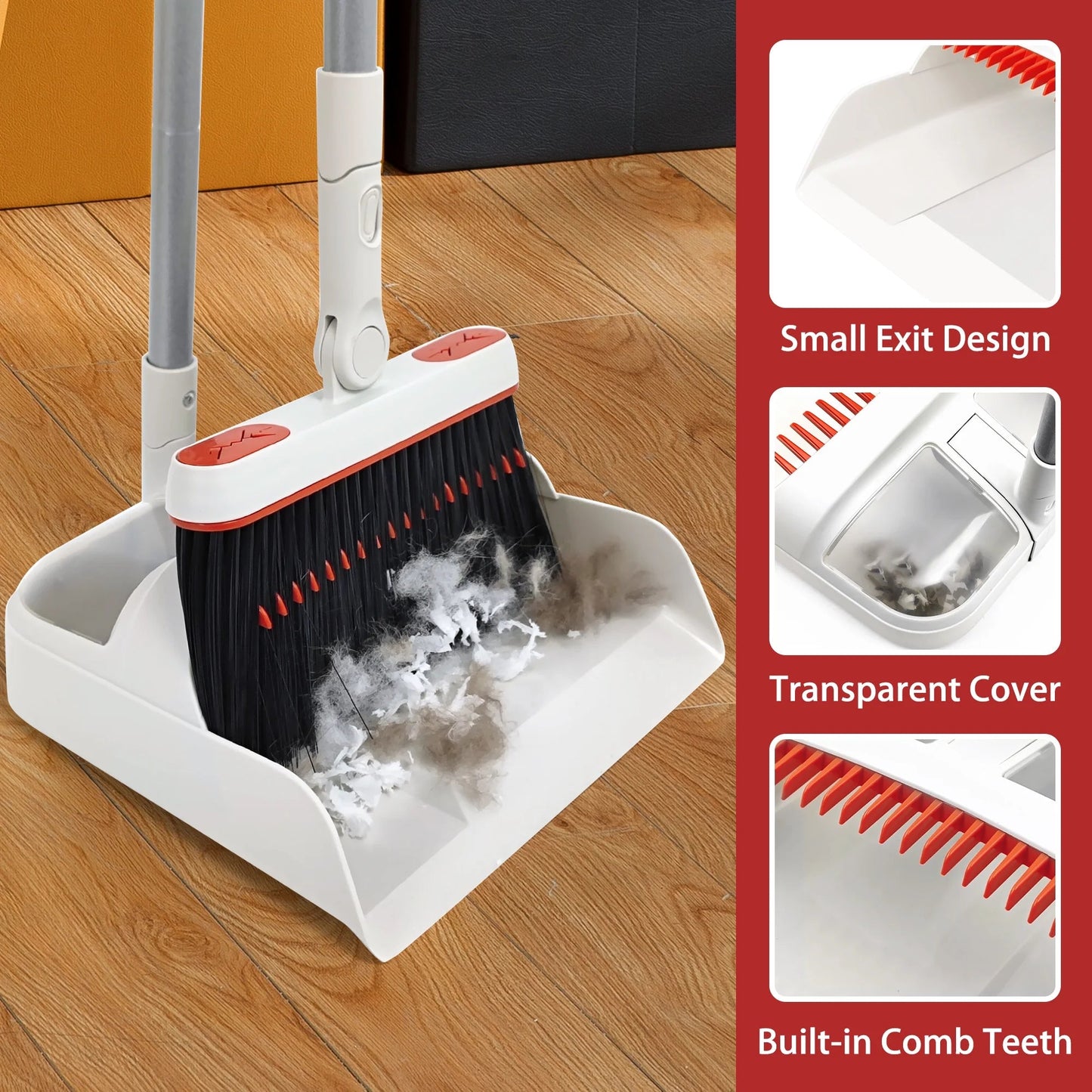 JEHONN Broom and Plastic Dust Pans Set for Home with 54 Inches Long Handle (Grey&Red)