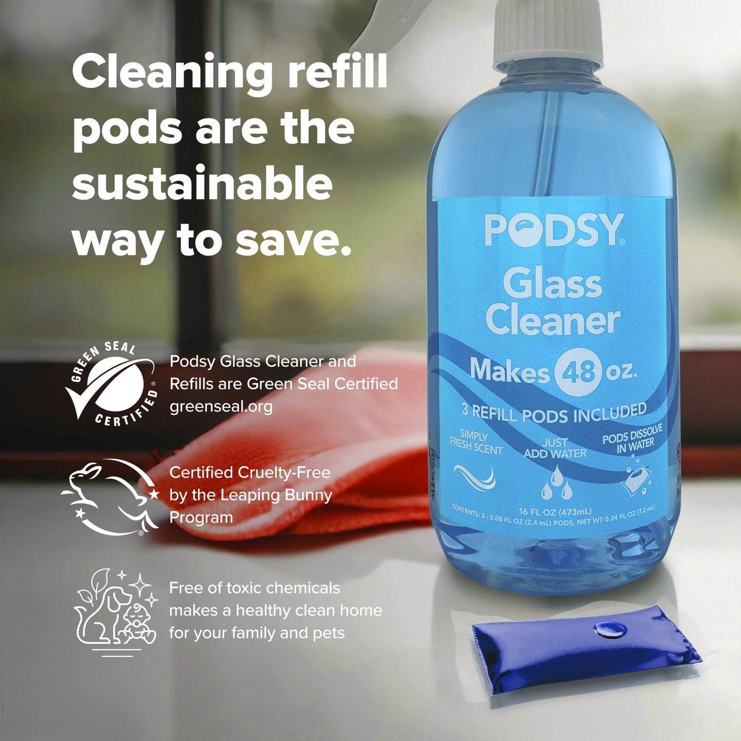 Podsy Glass Cleaning Set, Simply Fresh Scent, 16 Fl Oz Bottle and 3 Refill Pods Make 48Oz, Just Add Water