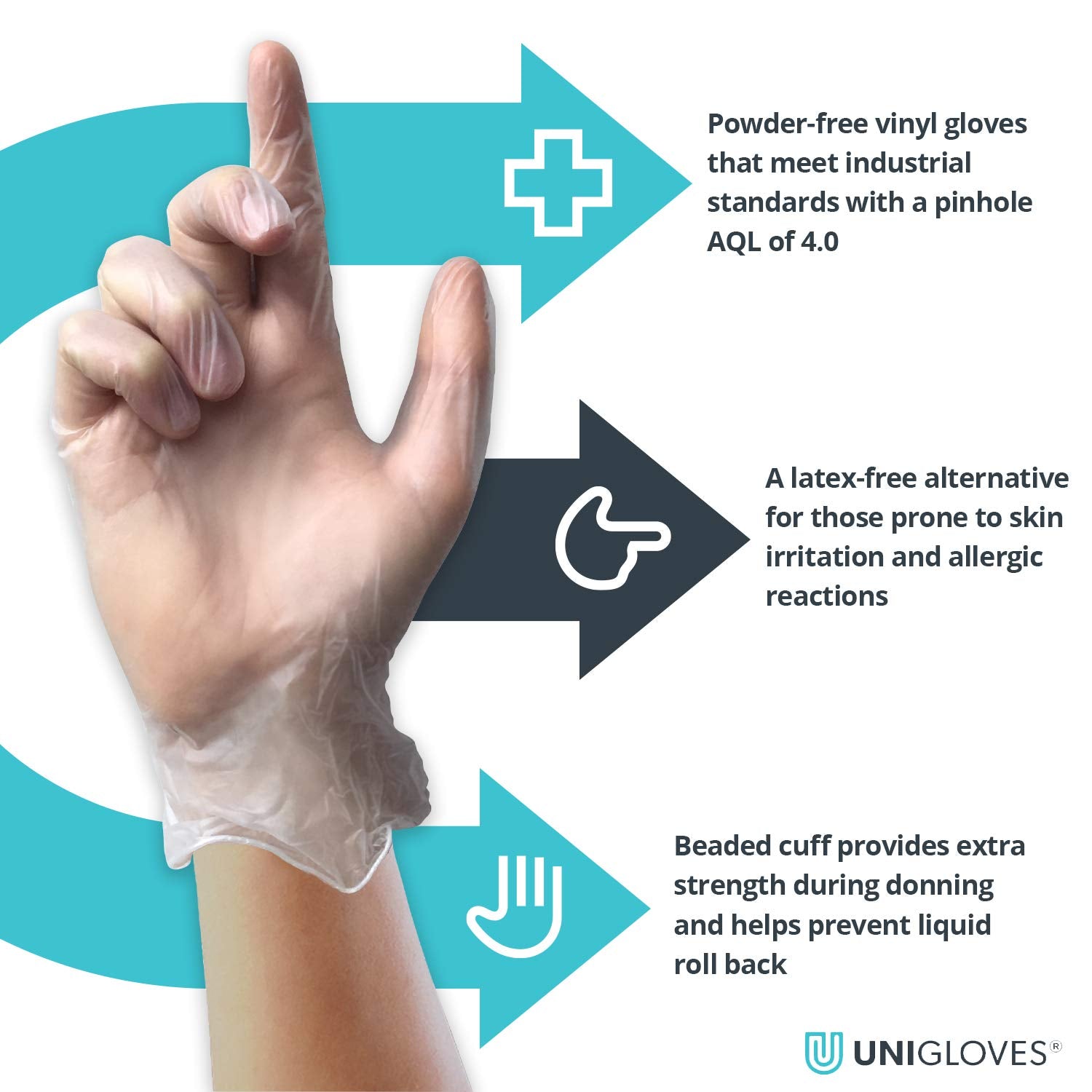 Unigloves Unicare Vinyl Multipurpose Disposable Gloves, Powder Free, Latex Free, Medium Weight, Box of 100 Gloves, Clear, Size Medium (GS0063)